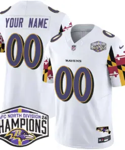 Alternative view of Baltimore Ravens Nike Maryland Flag 2024 AFC North Division Champions Patch Vapor Custom Limited Stitched Jersey - Purple