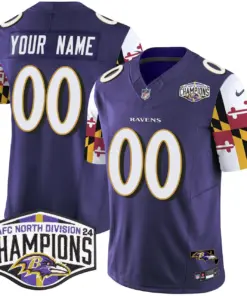 Baltimore Ravens Nike Maryland Flag 2024 AFC North Division Champions Patch Vapor Custom Limited Stitched Jersey - Purple