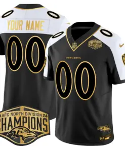 Alternative view of Baltimore Ravens Nike Maryland 2024 AFC North Division Champions Patch Gold Vapor Custom Limited Stitched Jersey - Black