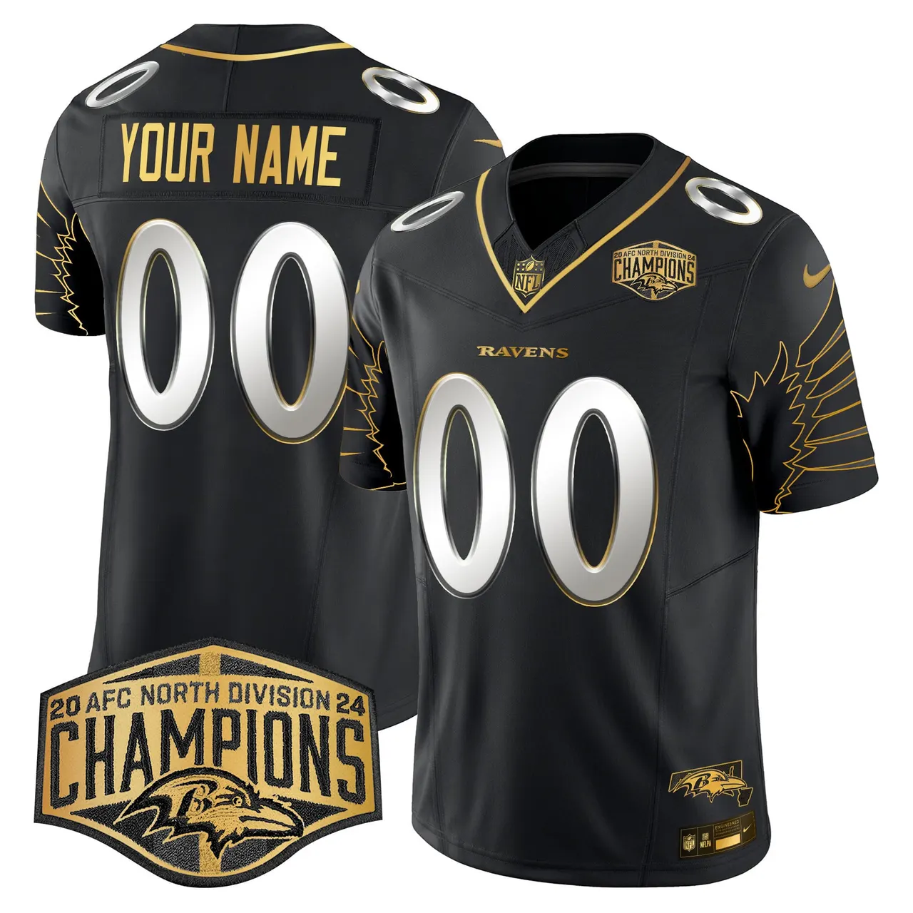 Baltimore Ravens Nike Maryland 2024 AFC North Division Champions Patch Gold Vapor Custom Limited Stitched Jersey - Black