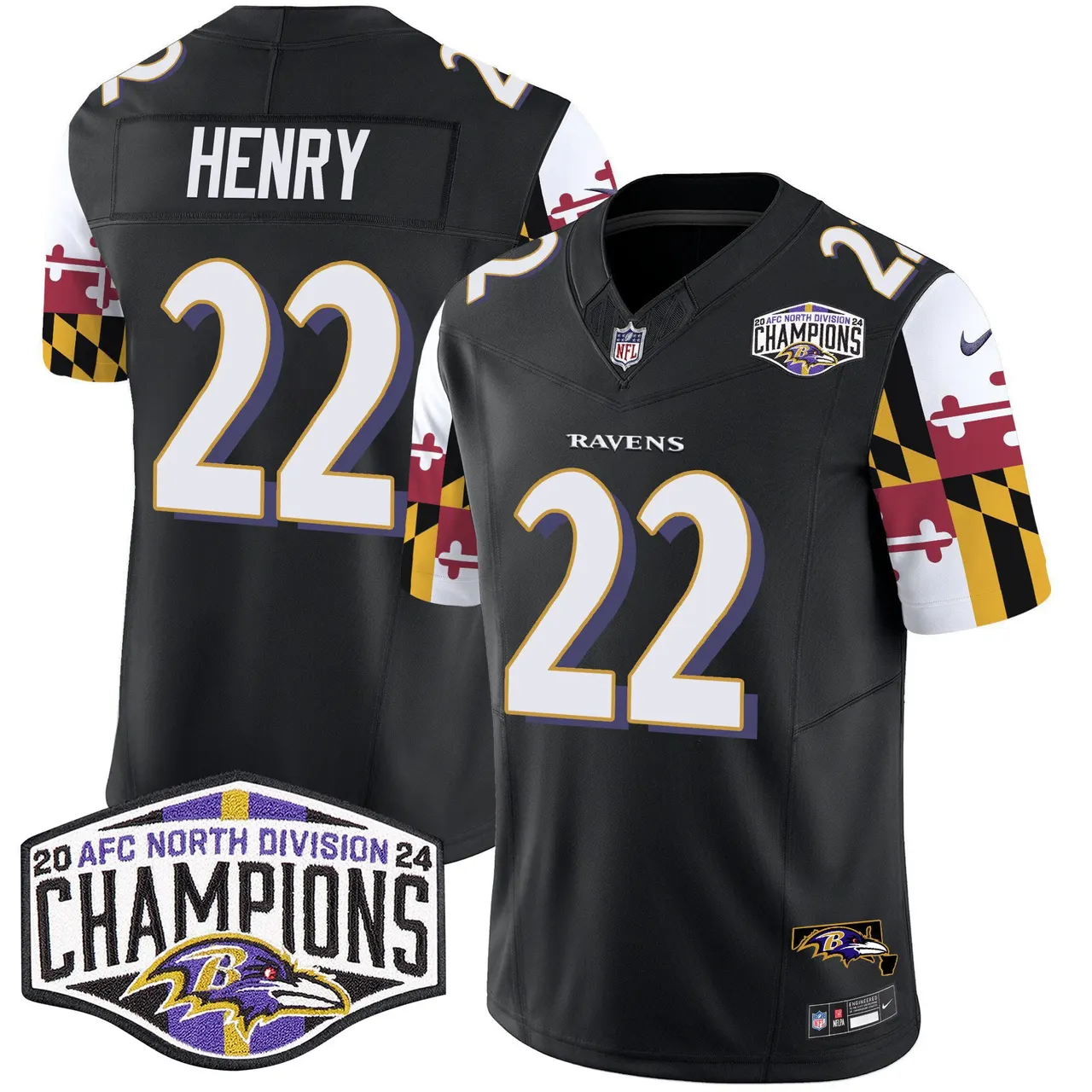 Derrick Henry Baltimore Ravens Nike Maryland Flag 2024 AFC North Division Champions Patch Vapor Limited Stitched Jersey - Purple - Image 19