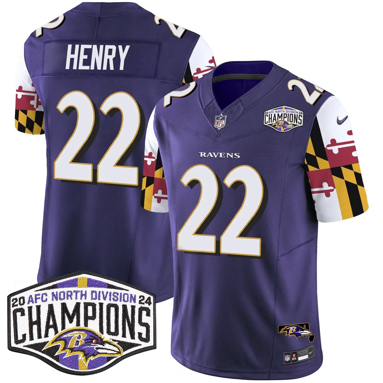 Derrick Henry Baltimore Ravens Nike Maryland Flag 2024 AFC North Division Champions Patch Vapor Limited Stitched Jersey - Purple